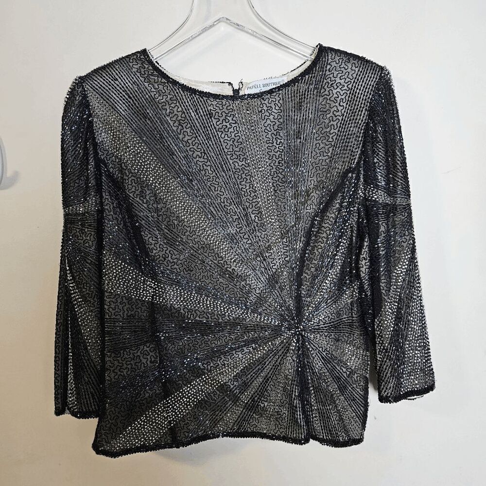 Papell Medium Formal Evening Beaded Bedazzled  Silk Mesh Top Women's Black Cream